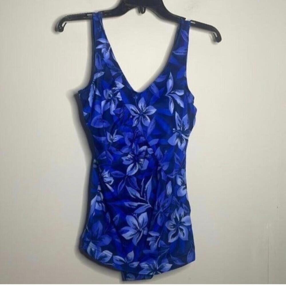 💕Vintage blue tropical floral one piece swim suit bathing suit tankini